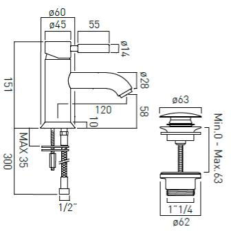 Technical image of Vado Origins Mono Basin Mixer Tap With Universal Waste (Chrome Handle).