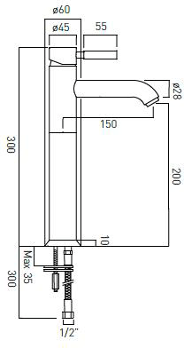 Technical image of Vado Origins Extended Mono Basin Mixer Tap (Chrome Handle).