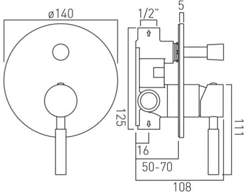 Technical image of Vado Origins Manual Shower Valve With Diverter (Chrome).