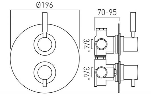 Technical image of Vado Origins Thermostatic Shower Valve With 2 Outlets (Chrome).