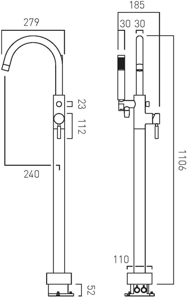 Technical image of Vado Origins Floor Standing Bath Shower Mixer Tap With Shower Kit (Chrome).