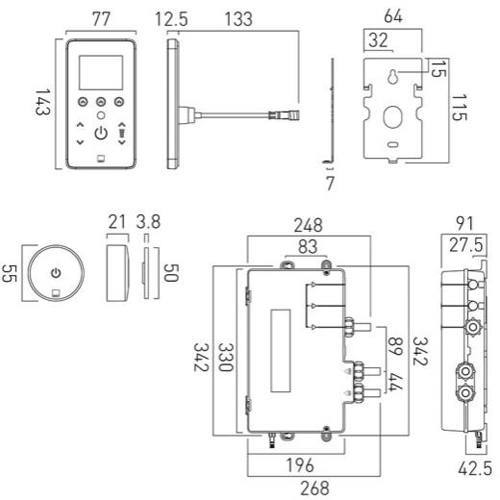 Technical image of Vado Sensori SmartTouch Shower, Remote & Square Head (Pumped, 1 Outlet).