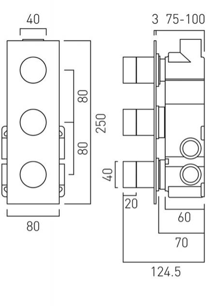 Technical image of Vado Omika Thermostatic Shower Valve With 3 Outlets & All Flow (Chrome).