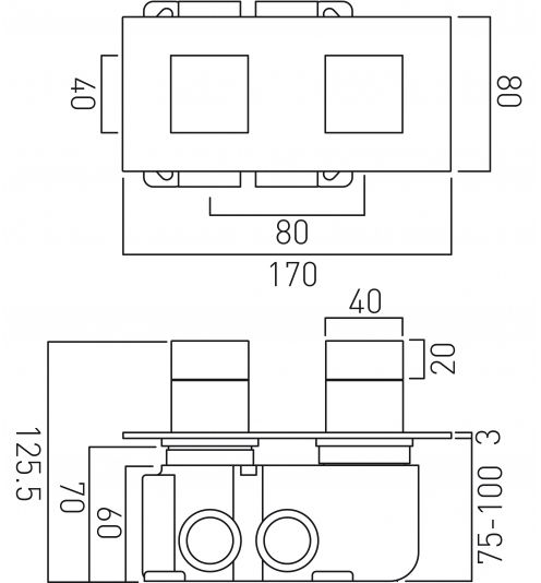 Technical image of Vado Notion Thermostatic Shower Valve With 2 Outlets (3/4" Brushed Gold).