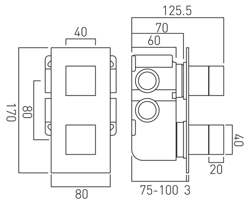 Technical image of Vado Notion Thermostatic Shower Valve With 2 Outlets (3/4" Brushed Nickel).