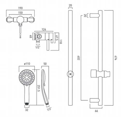 Technical image of Vado Shower Packs Exposed Thermostatic Shower Valve & Rail Kit.