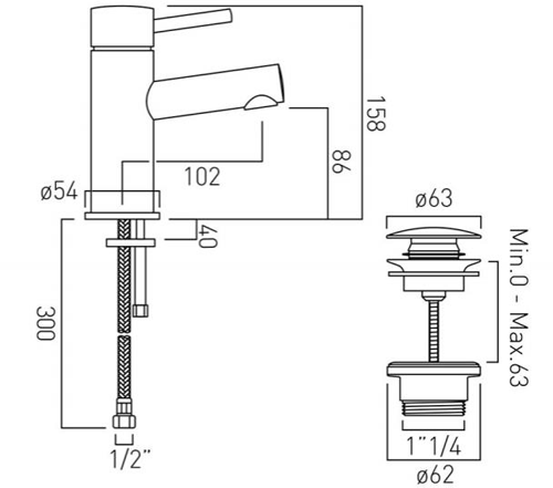 Technical image of Vado Zoo Mono Basin Mixer Tap With Universal Waste (Chrome).