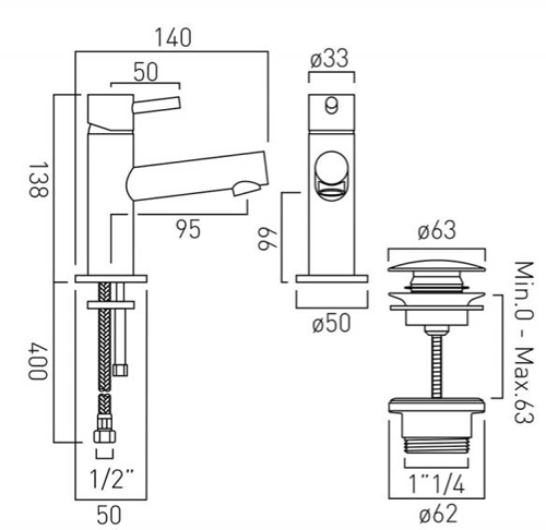 Technical image of Vado Zoo Mini Mono Basin Mixer Tap With Universal Waste (Chrome).