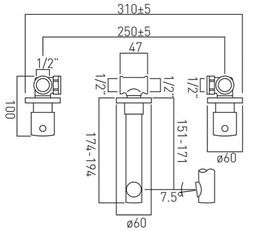 Technical image of Vado Zoo Wall Mounted 3 Hole Basin Mixer Tap (Chrome).