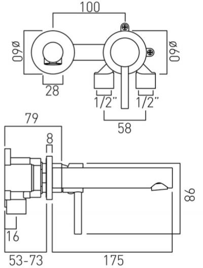 Technical image of Vado Zoo Wall Mounted 2 Hole Basin Mixer Tap (Chrome).