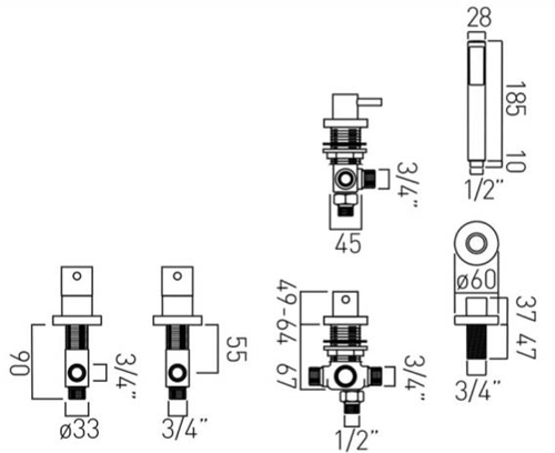 Technical image of Vado Zoo 4 Hole Bath Shower Mixer Tap With Kit (Without Spout).