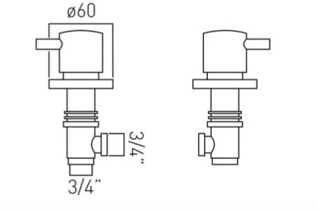 Technical image of Vado Zoo 2 x Deck Mounted Stop Valves 3/4"  (Chrome).