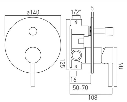 Technical image of Vado Zoo Manual Shower Valve With Diverter & 2 Outlets (Chrome).