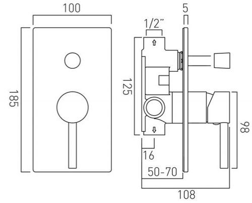 Technical image of Vado Zoo Manual Shower Valve With Diverter & 2 Outlets (Chrome).