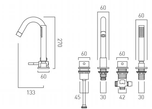 Technical image of Vado Zoo 4 Hole Bath Shower Mixer Tap (Chrome).