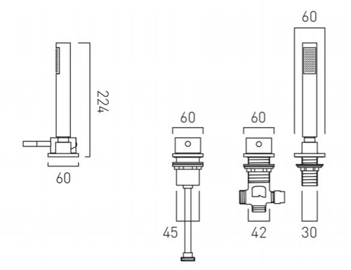 Technical image of Vado Zoo 3 Hole Bath Shower Mixer Tap Without Spout (Chrome).